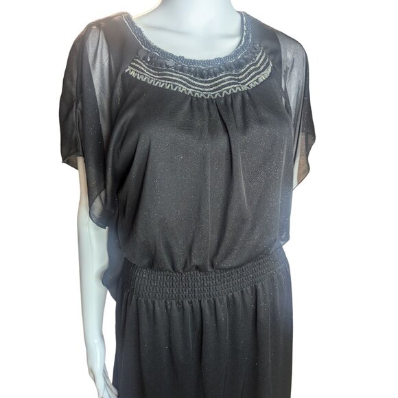 BCX Black Sparkle Beaded Neckline Dress With Flutter Sleeves SZ L Cocktail/Party - Picture 6 of 12